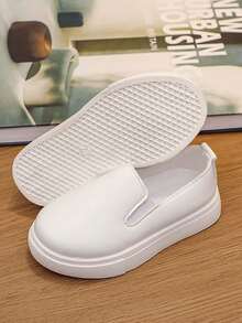 Kids' Slip-On White Shoes, Minimalist Solid Color PU Casual Sneakers, Comfortable Soft Sole For School & Daily Wear - White - View 6