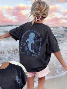 1pc Tween Girls Dolphin & Tropical Print Dark Grey Short Sleeve T-Shirt, Student Young Casual Summer Top, Comfortable & Fashionable