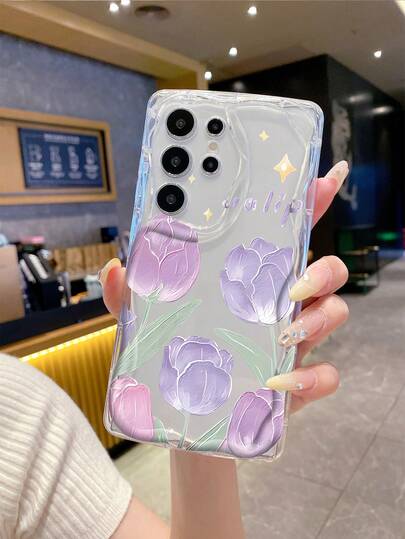 1个极简紫粉郁金香图案磨砂波浪加厚防摔镜头保护手机壳，兼容 17/17 Pro/17 Pro Max/17 Air/16/11/16 Pro/16 Plus/16 Pro Max/16e/15 Pro Max/13/14/12/11/7G/8P，Galaxy S25/S25 Plus/S25 Ultra/A05/A05S/A06/A07/A16，科技爱好者的时尚之选，国际版，非国内版