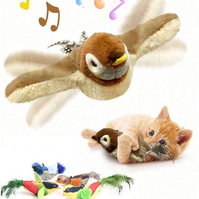 1 con búp bê mèo màu ngẫu nhiên, búp bê chim nhại tương tác sống động như thật với đôi cánh vỗ, bao gồm mèo, lông vũ treo bằng dây chun, âm thanh hót tự động, thích hợp cho mèo chơi trong nhà, búp bê thú nhồi bông hình chim sẻ (Không sử dụng bộ sạc Apple để sạc)