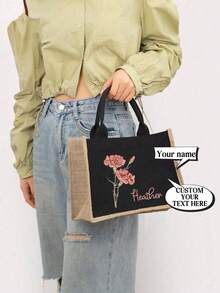Sacola de Aniagem Personalizada com Flor de Nascimento, Sacola de Aniagem Personalizada com Nome Floral para Ela, Sacola para Despedida de Solteira, Sacola para Madrinha, Presentes para Madrinhas - Preto - Visão 4