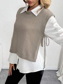 女士优雅无袖针织吊带背心，侧系带，轻盈透气休闲度假毛衣背心 - 卡其色 - 查看 8