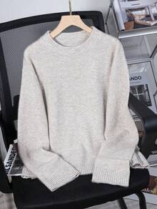 Grey Crew Neck Casual Knit Sweater For Women