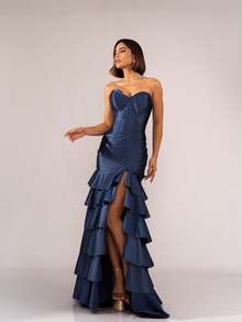 Simple Party Pleated Hem With Asymmetrical Ruffle Formal And Evening - Navy Blue - View 2