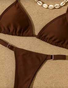 Elegant String Bikini With Adjustable Tan Lines, Summer Fashion, Beachwear, With Adjustable Triangle Top And Lined - Rỉ Nâu - Xem 2