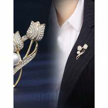 2025 Laprio 1pc Brooch Rhinestone Tulip Flower Brooch Anti-Glare Suit Brooch Collar Pin Jewelry - Yellow Gold - View 4