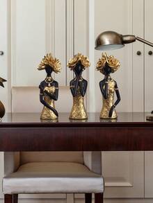 Easegen Home 1 Piece Hand-Painted Resin African Lady Sculpture, Modern Gold Dress Woman Statue With Floral Headpiece, Elegant Art Figurine For Home Decoration And Gift - Gold - View 5