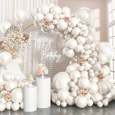 1 Pearl White Balloon Arch, 1 White Double-Layer Balloon Wreath, 1 Ivory Balloon, Assorted Sizes (18/10/5 Inches), 61pcs Beige Latex Balloons, Suitable For Wedding, Bridal, Birthday, Anniversary Decoration