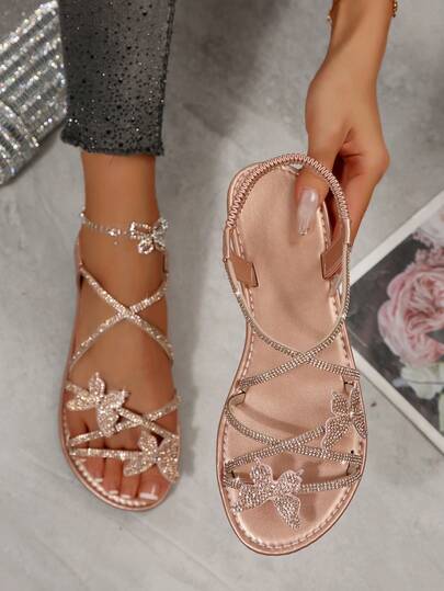 Summer New Casual Slip-On Sandals With Rhinestone Bow Tie, Open Toe, Elastic Band, Flat Beach Shoes For Women