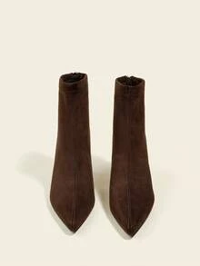 女士咖啡棕色绒面革踝靴，高跟弹力修身靴，舒适时尚高跟靴 - 棕色 - 查看 2