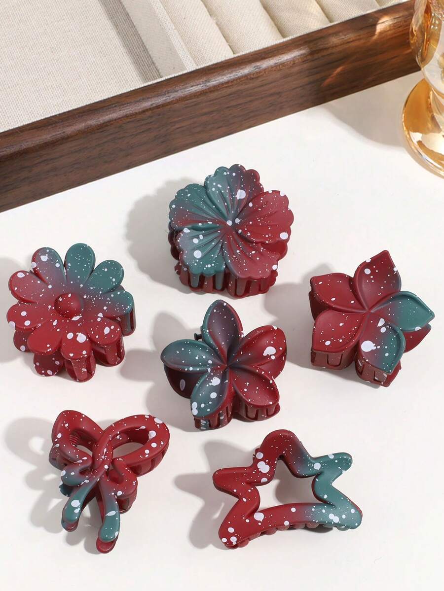 6pcs Women's Small Fashionable & Cute Red Polka Dot, Flower, Bow, Star Hair Clips, Suitable For Daily Wear Elegant Claw Clips Winter Hair Accessories Casual Hair Clutch Fashion Hair Claws