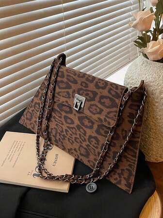 New Fashionable Retro Leopard Print Flap Design Faux Suede Chain Handle Shoulder Bag Elegant And Versatile Envelope Crossbody Bag Perfect For Shopping And Commuting