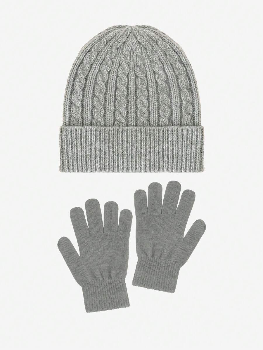 2pcs/Set Unisex Fashion Simple Versatile Cable Knit Beanie Hat & Full Finger Gloves Set, Autumn/Winter Warm Outfit, Suitable For Daily Casual Wear And As Gifts Winter Clothing - Grey - View 1