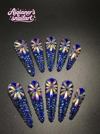 Each Set Consists Of 10 Pieces Of Handmade Acrylic Nail Plates For Y2K High Heels, With French Design And Full Diamond Decoration, Available In Blue And Nude Colors. 3 Sizes To Fit, Suitable For Parties, Dances, And Daily Wear, Comes With A Nail Kit, Making It An Ideal Press On Nails Gift For Ladies And Girls.