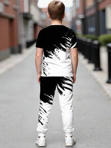 2pcs/Set Teen Boy Spring/Summer Short Sleeve T-Shirt And Jogger Pants, Black & White Contrast Artistic Design, Streetwear Casual Outfit - Black - View 3