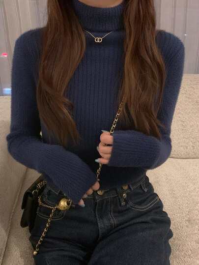 女士纯色高领长袖休闲毛衣，秋冬季