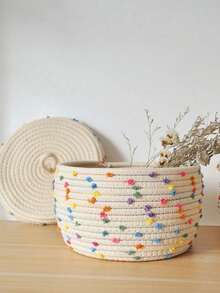 1pc/2pcs Dotted Rope Woven Storage Basket With Lid, Desktop Organizer Box, Key And Miscellaneous Items Storage Box, Home Decor - Multicolor - View 4