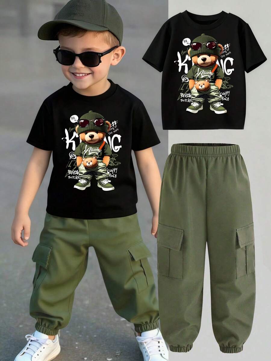 Young Boy Cartoon Print Round Neck Short Sleeve Top And Cargo Pants Set - Black - View 1