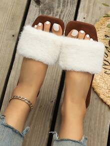 Women's Fluffy Rhinestone Open Toe Slip-On Slippers, Comfortable Indoor Outdoor Casual Mules For Autumn/Winter - White - View 5