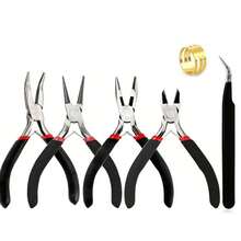 6件套珠宝钳工具套装 - 专业珠宝制作工具，包含扁嘴钳、圆嘴钳、链嘴钳、弯嘴钳和斜口钳 - 锯齿状钳口设计，适合手工制作 - 配有开环器和镊子
