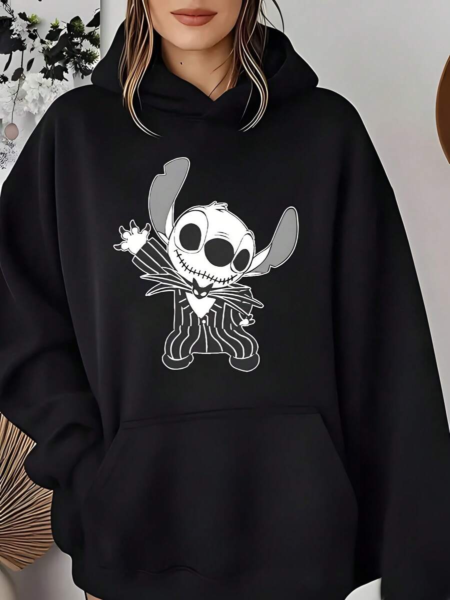 Women'S Nightmare Before Christmas Stitch As  Hooded Sweatshirt - Tim -Inspired Gothic Cartoon Pullover, All-Season Casual Long Sleeve Hoodie With Stitch Face Graphic, S-XXL Sizes For Themed Events & Casual Attire, Outdoor - Black - View 1