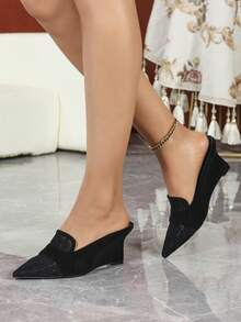 Women's Wedge Slip-On Pumps, Women's Black Deep V Lace Pointed Toe Wedge Slip-On Shoes - Black - View 5