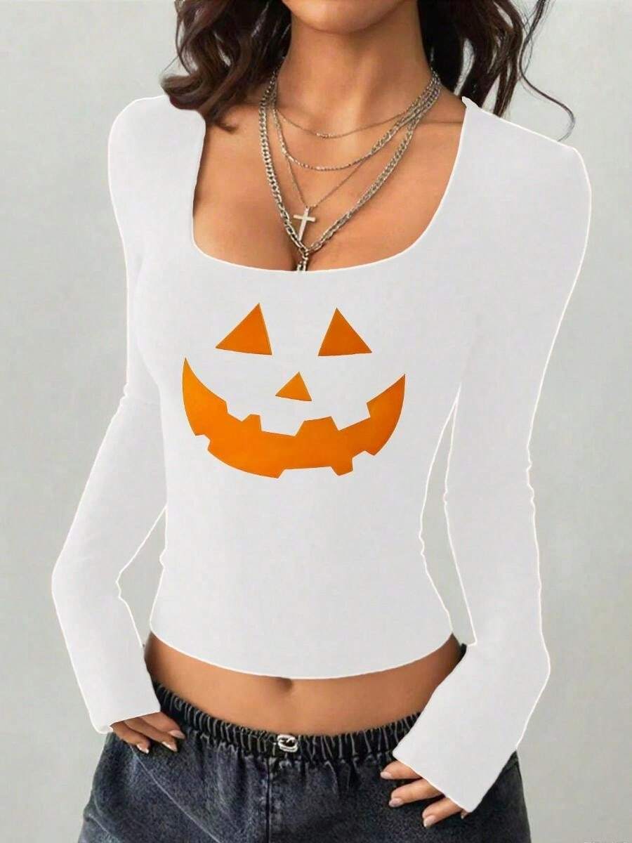 American Retro Casual Pattern _Beautiful Women's T-Shirt, Ace, Women's Pattern Shirt, Fun, Pre Christmas Nightmare, Horror, Minimalist Halloween, Pumpkin Lantern, R.Jpg 1pc Women's Solid Color Crew Neck Short Sleeve Fitted T-Shirt, Suitable For Summer - White 2 - View 1