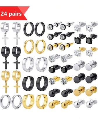 24 Pairs Of Men's/Women's Earrings, Cartilage Cross Hoop Earrings, Minimalist Punk Style, Flat-Back Hypoallergenic Stud Earring Set, Made Of Medical Stainless Steel With Neutral Spiral Piercings, Suitable For Various Daily Outfits.
