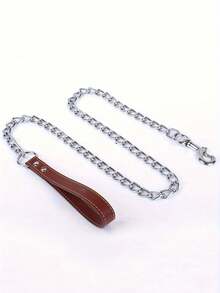 1pc-120cm Heavy-Duty Anti-Biting Dog Chain, Leather Handle Chain With Dog Skin Metal Anti-Chewing, Dog Traction Chain, Pet Chain, Suitable For Walking With Pet Dogs, Firm. - Multicolor - View 9