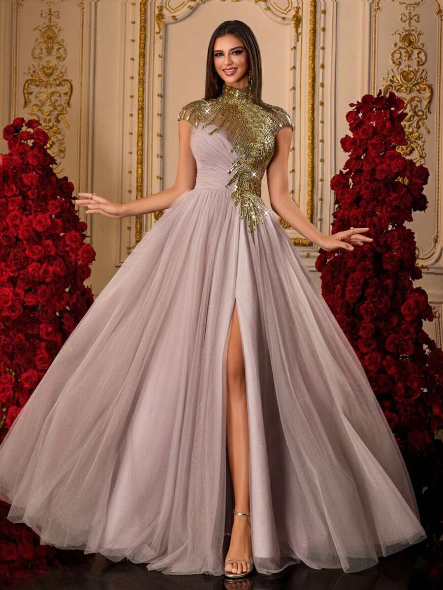 Vestido de Festa Longo de Tule com Lantejoulas Rosa Antigo de Gola Alta para Mulheres com Fenda, Vestido de Formatura Elegante, Vestido de Baile Longo Brilhante, Vestido de Gala, Roupa de Tapete Vermelho, Vestido Longo Estilo A-Line, Vestido de Convidada de Casamento, Vestido de Concurso, Roupa de Evento Formal, Vestido de Formatura, Vestido de Madrinha, Vestido de Tule para Ocasiões Especiais