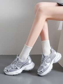 2025 New Women's Casual Sports Shoes, Thick Sole Mesh Breathable Chunky Sneakers, Silver, Fashion Versatile, All Season