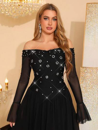 New Sexy One Shoulder Long Sleeve Lotus Edge Mesh Splicing High Grade Hot Diamond Flower Design Large Bottom Dress For Women's Graduation Party Formal Banquet Bridesmaids Gowns
