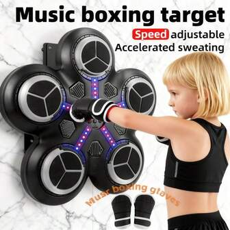 Musikboxningsutrustning för barn (3+ år) och vuxna: Trådlös väggmonterad matta med handskar, rytmlampor och läge för 2 spelare – utmärkt hemmaträningsleksak och sportpresent för pojkar, flickor, tonåringar, lämplig för Halloween, jul, påsk och födelsedagar