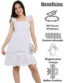 Vestido Curto Juvenil Regata Manga Babado Laise Cintura Solta Casual Conforto e Estilo Amarrar - Branco - Visão 6