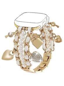 1pc Faux Pearl Beaded Watch Band Compatible With Apple Watch 38/40/41/42/44/45/46/49mm, Suitable For Women - Cuban Link Bracelet, With Cute Pendant Charm, Apple WatchWatch Seamsung Galaxy Watch 7/6/5/4/Active2 Classic 40/44mm, HUAWEI And Other 20mm/22mm Watch Faces (Band Only)