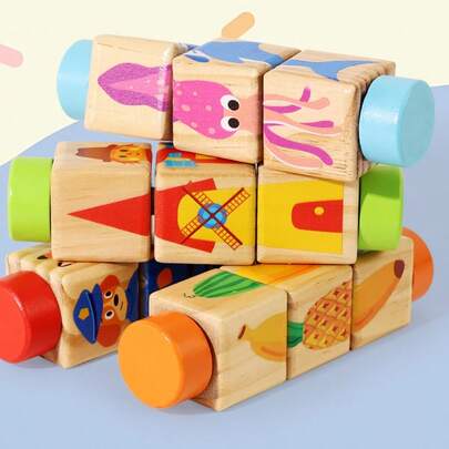 1St Children's Wooden Animal Rotating Puzzle Blocks Fun Early Education Animal Fruit Vocational Cognitive Puzzle Toys Early Education Object Cognitive Puzzle Toys Early Education Parent Child Interactive Desktop Toys Exercise Children's Hand Fine Motor Intelligence Development