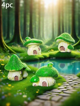 4pcs Fairy Tale Mushroom House Resin Decor, Micro Landscape Ornament, Corner/Desktop Creative Decoration, Healing Natural Ambiance, Home Accessory
