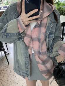 Plaid Shirt With Hood, Retro Color Block Long Sleeve Shirt Hoodie - Pink - View 6