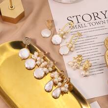 Baroque Natural Pearl Earrings Silver Needle Studs Niche High-End Vintage Long Women's Retro Jewelry - 復古祖母綠珍珠包邊耳環 - 查看 2