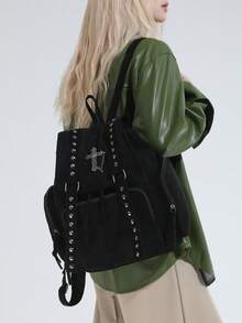 Dedoo Vintage Rivet Backpack, Faux Suede Retro Punk Style Travel Backpack, Gothic College Style Backpack For Women - Black - View 9