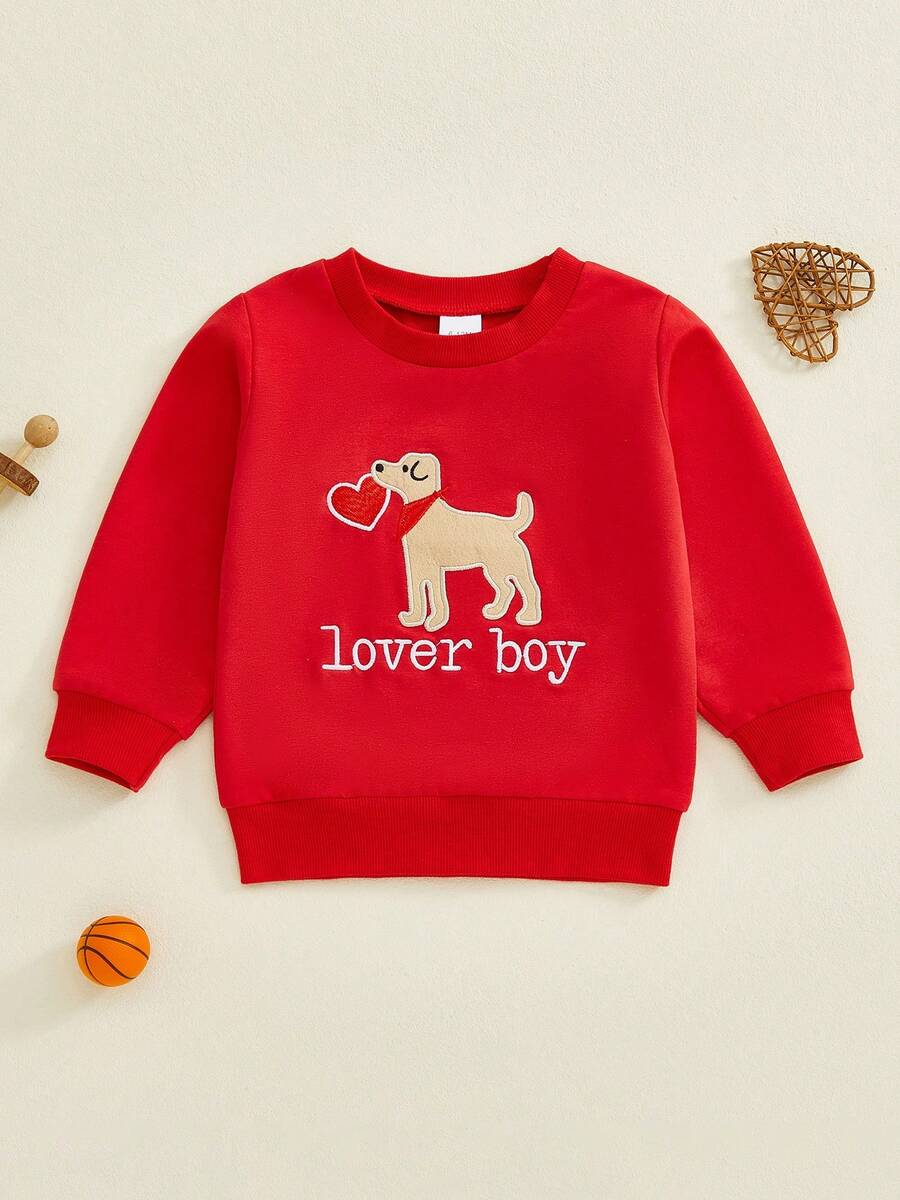 Sudadera para bebé niño pequeño con letras de San Valentín, corazón, perro bordado, jersey de cuello redondo, manga larga, tops de primavera - Rojo - Ver 1