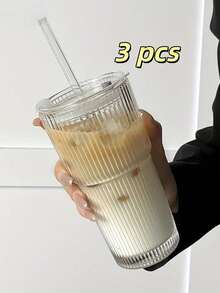 1pc Universal Vertical Striped 400ml Reinforced Glass Cup With Straw Lid - Transparent Stylish Design, High-Quality Material, Leak-Proof. Suitable For Holding Coffee, Tea, Latte, Smoothie And Cold Drinks. Ideal For Home Gatherings, Hotels, Parties, Restaurants And Daily Use. A Perfect Choice For Spring/Summer Beverages, Easy To Clean And Reusable. Fashionable And Practical For Home, Office And Outdoor Activities!