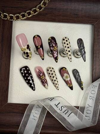 10PCS Pure Handmade Nails 3D Nails Polka Dot Nails Black&White Nails Autumn Nails Fall Nails 3D Flower Nails Press On Nails 3D Floral Nails Fake Nails3D Nails Aura Nails Pink Nails Gold Burgundy Red Chrome French Tips Long Stiletto ,For Women Girls Daily Wear