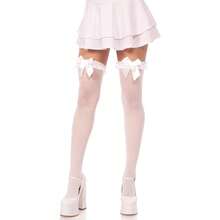 2026womens Lace Garter Sheer Striped Thigh Highs With Satin Bow Accent - trắng - Xem 1
