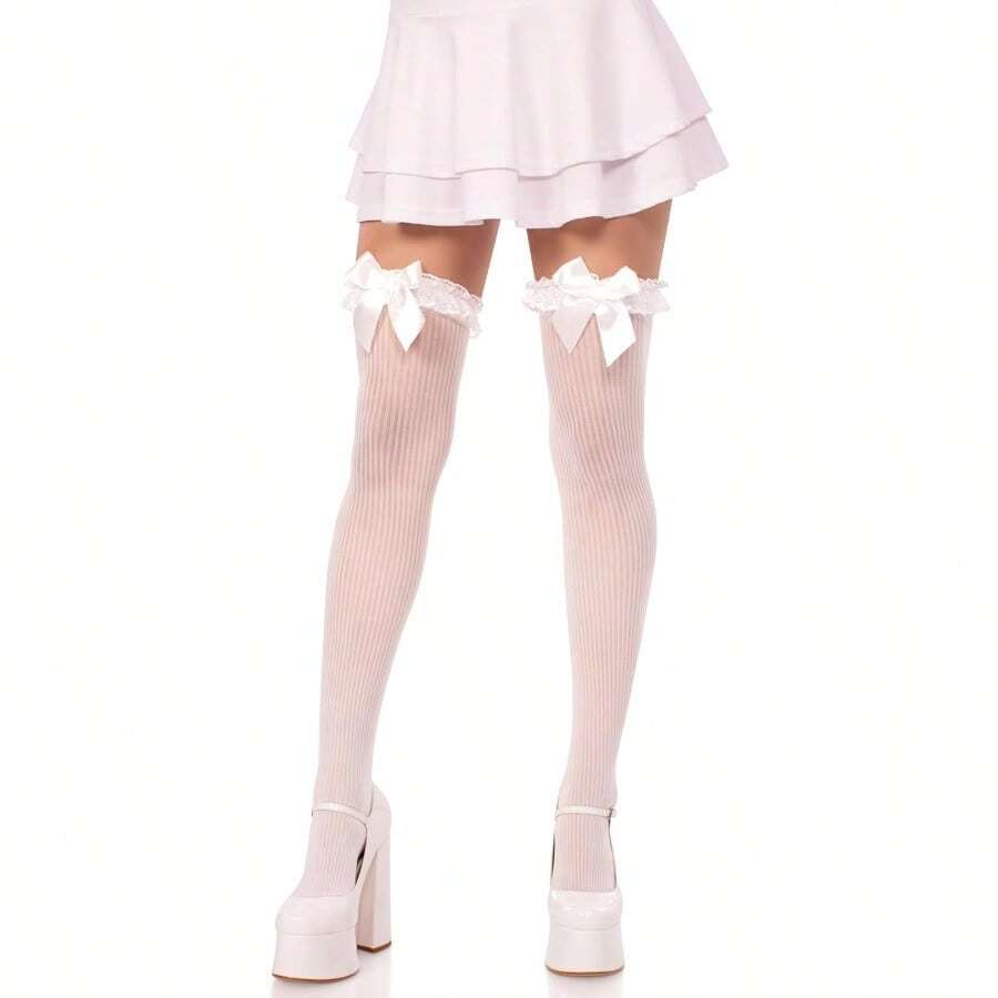 2026womens Lace Garter Sheer Striped Thigh Highs With Satin Bow Accent - trắng - Xem 1