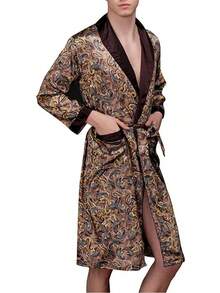 Lavenderi Mens Silky Satin Lounge Robe, Long Lightweight Sleepwear - 海軍藍印花 - 查看 3