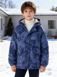 Tween Boys' Casual Thermal Lined Zip-Up Hooded Jacket With Pockets, Suitable For Autumn/Winter