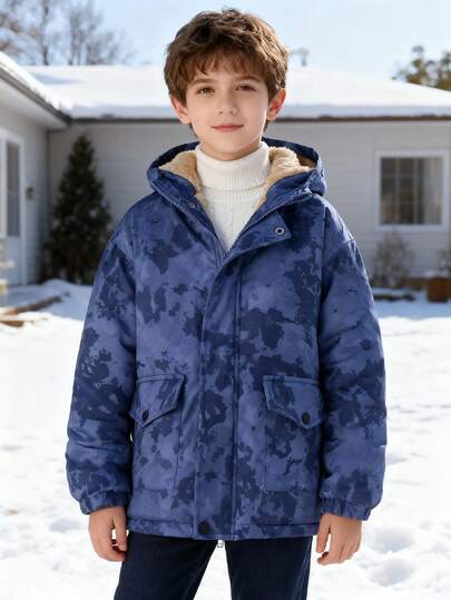 Tween Boys' Casual Thermal Lined Zip-Up Hooded Jacket With Pockets, Suitable For Autumn/Winter