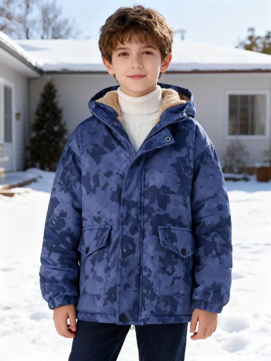 Tween Boys' Casual Thermal Lined Zip-Up Hooded Jacket With Pockets, Suitable For Autumn/Winter