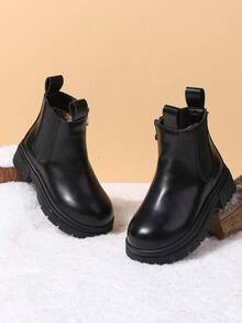 1 Pair Children's Warm Boots, Girls Casual High-Top Thermal Lined Anti-Slip Leather Boots For Autumn/Winter - Black - View 5